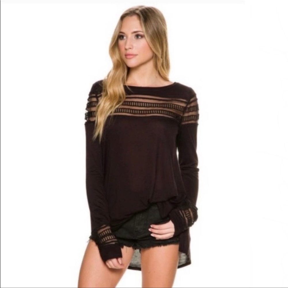 FREE PEOPLE Sheer Black Long Sleeve Top